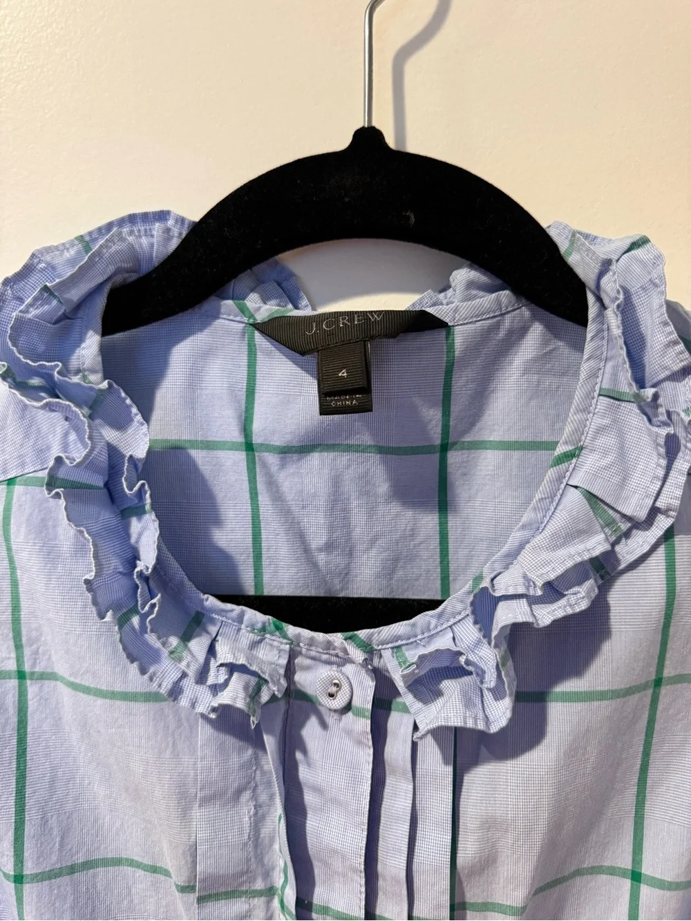 J. Crew Light Blue & Green Windowpane Ruffle Collar Blouse